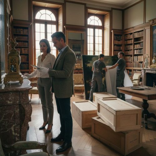 Expert antiquaire réalisant un inventaire de mobilier ancien et d'objets d'art dans le cadre d'un service de débarras de succession haut de gamme